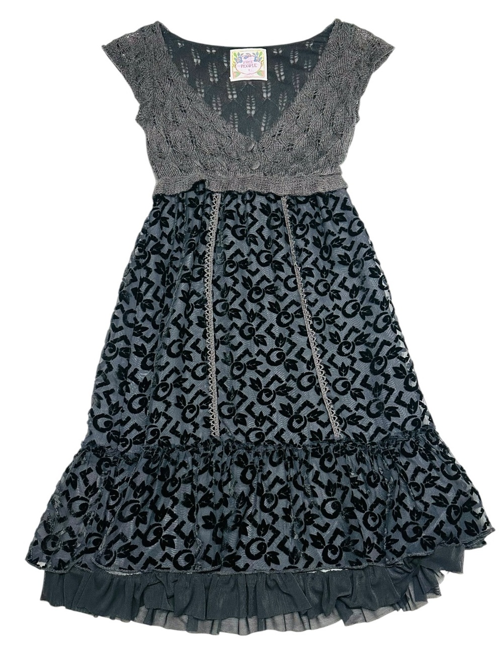 Free People / Gray Sweater and Velvet Burnout Skirt Dress / Size 0 / Cottagecore